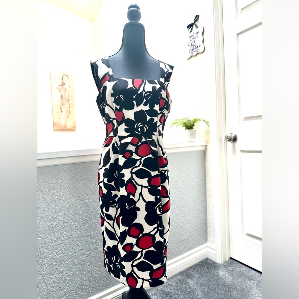 Feminine London Times Black, Ivory & Red Floral Midi Dress with Square Neckline